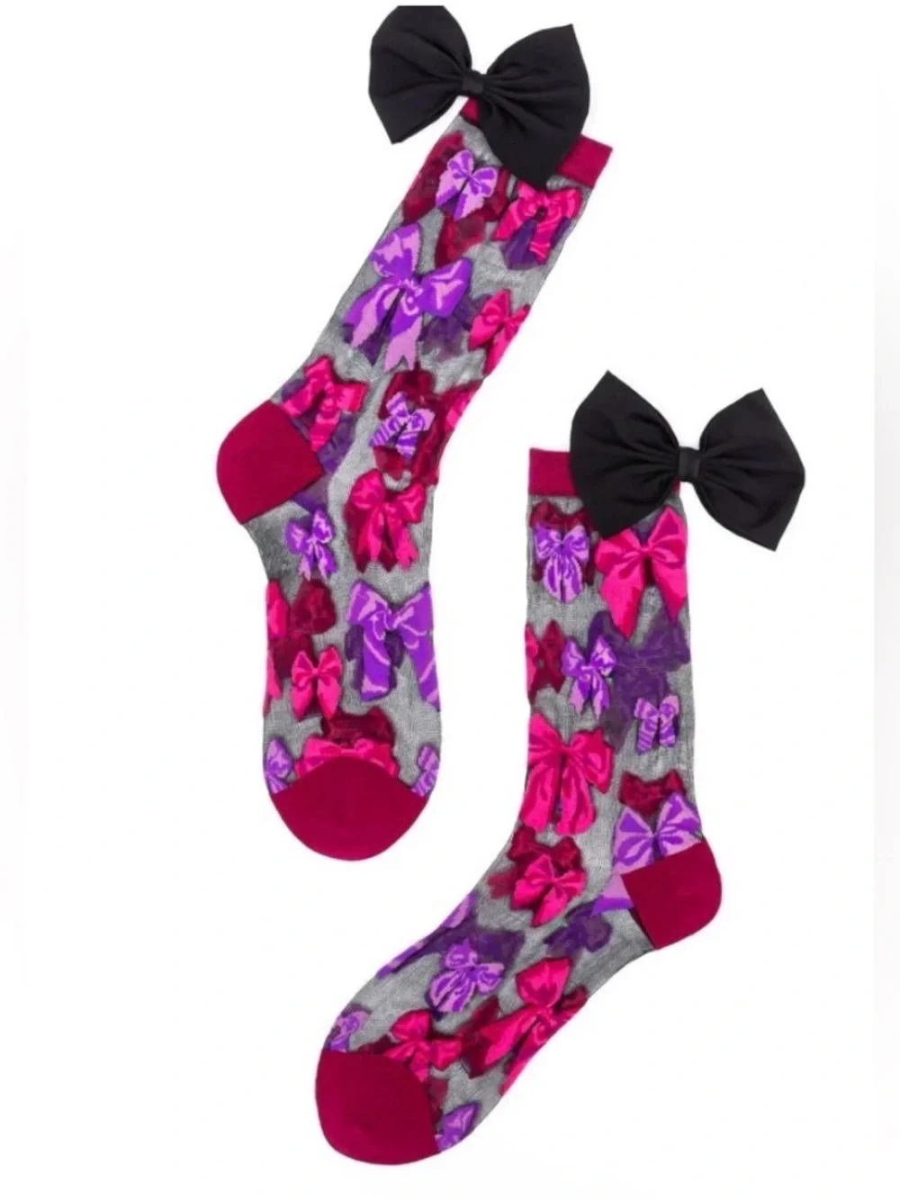 Candy Big Bow Enegry‎ Sheer Crew Socks - Burgundy, Pink & Purple